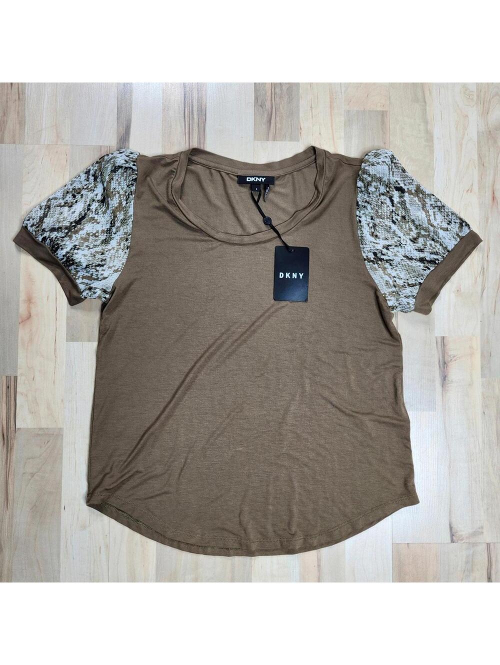 NEW with Tags DKNY Snakeskin Sleeve T-Shirt Puff Short Sleeve Brown Top Size S